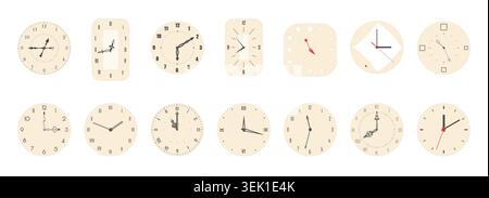 Set of assorted analog wall clocks with varied round and rectangular faces, classic hands and minimalist styles, isolated on white background vector illustration Stock Vector