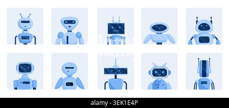 Set of cute chatbot robot avatars in blue tones, featuring friendly AI assistant characters, futuristic bot faces and humanoid designs isolated on white background vector illustration Stock Vector