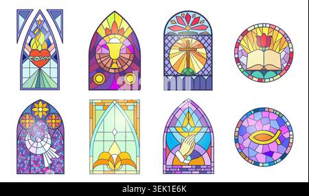 Colorful church stained glass windows featuring cross, chalice, bible, dove, praying hands, fish and sacred heart icons isolated on white background vector illustration Stock Vector