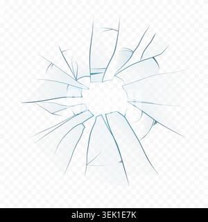 Radial shattered glass crack with impact center, broken window damage pattern and sharp fracture lines, isolated on white background vector illustration Stock Vector
