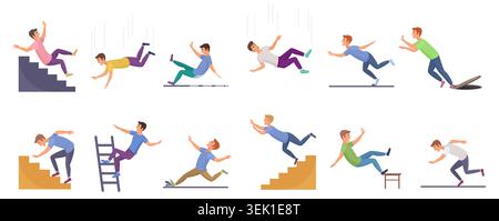 Collection of men and women losing balance, slipping on stairs, ladder, chair and floor in various accident poses isolated on white background vector illustration Stock Vector