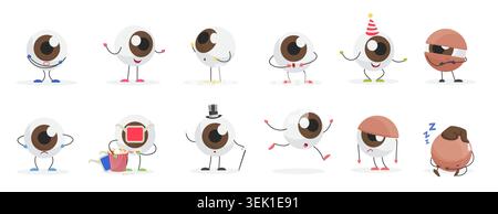 Funny cartoon eye characters in different poses and costumes, including party, sleeping, jumping, movie, and gentleman styles, isolated on white background vector illustration Stock Vector