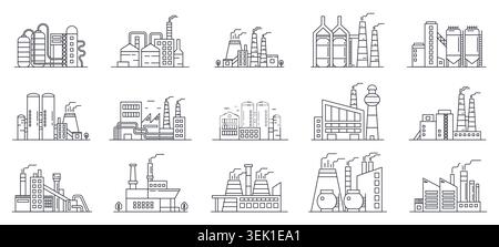 Collection of industrial factory buildings, plants, refineries and warehouses in clean outline style, showing manufacturing infrastructure and urban production facilities vector illustration Stock Vector