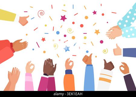 Colorful diverse hands showing applause, thumbs up, okay sign and handshake around festive confetti, expressing teamwork, support and celebration isolated on white background vector illustration Stock Vector