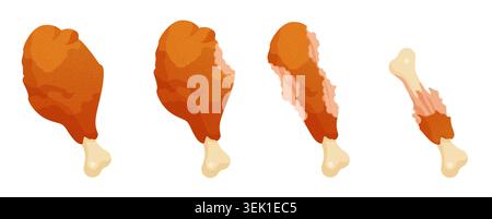 Set of fried chicken drumsticks showing whole, bitten, half eaten, and leftover bone stages, crispy fast food pieces isolated on white background vector illustration Stock Vector