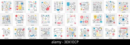 Collection of flat line concept icons for business, technology, education, marketing, healthcare, shopping, security, and innovation themes isolated on white background vector illustration Stock Vector