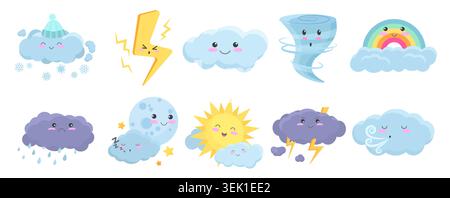 Cute weather elements collection with smiling clouds, sun, moon, rainbow, lightning, tornado, rain, snow and wind icons in kawaii style isolated on white background vector illustration Stock Vector