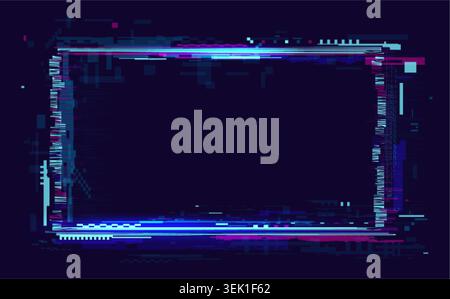 Futuristic neon glitch frame with digital distortion, cyber lines, scan effects, and glowing border on dark background for technology, gaming, interface, and abstract design vector illustration Stock Vector