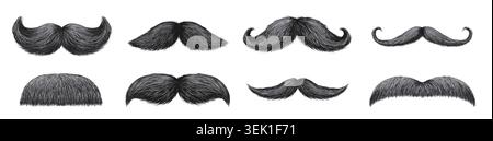 Collection of realistic vintage mustache styles with detailed hand drawn hair texture, curled and classic grooming shapes for barber, fashion, and design use isolated on white vector illustration Stock Vector
