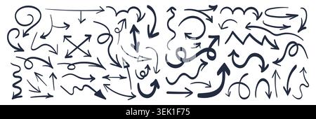 Hand drawn arrow set with curved, straight, looping and sketchy directional symbols for navigation, infographic, doodle and design elements isolated on white background vector illustration Stock Vector