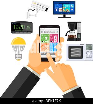 Smart House and internet of things concept with flat icons. Man holding smartphone in hand and controls security camera, coffee maker, TV, microwave a Stock Vector