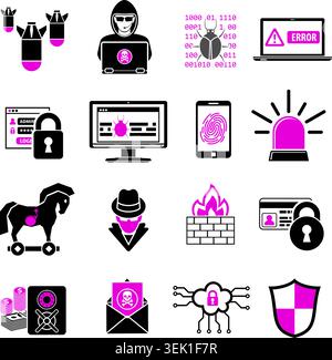 Internet Security Two Color Icons Set for Flyer, Poster, Web Site Like Hacker, Virus, Spam and Firewall. Isolated vector illustration. Stock Vector
