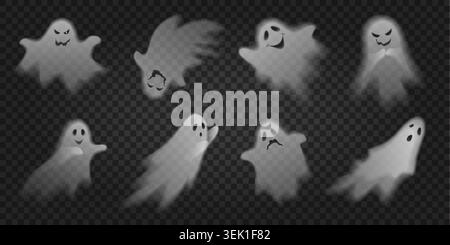 Set of cute spooky ghost characters with different expressions and floating poses for Halloween designs, party decor, stickers, and festive graphics on transparent background vector illustration Stock Vector