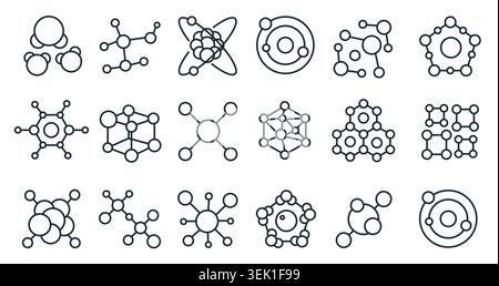 Minimal molecules line icon collection featuring atomic structures, chemistry symbols, connected particles and scientific diagrams isolated on white background vector illustration Stock Vector