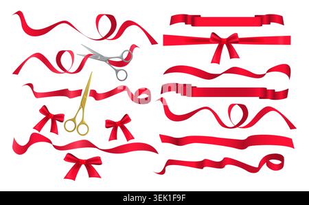 Collection of red realistic decorative gift ribbons, bows, curled strips and scissors for wrapping, celebration, packaging and festive design isolated on white background vector illustration Stock Vector