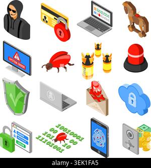 Internet Security isometric Flat Icon Set for Flyer, Poster, Web Site Like Hacker, Virus, Spam and Safe. Stock Vector