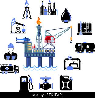 Oil industry Concept with two color Flat Icons extraction production and transportation oil and petrol with oilman, rig and barrels. Isolated vector i Stock Vector