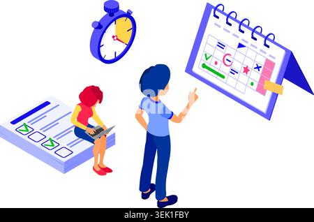 Planning schedule time management businessman planning work from home with stopwatch picks goals on schedule calendar deadline time isometric infograp Stock Vector
