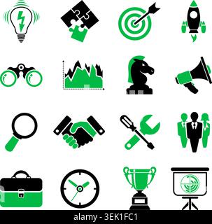 Business Icon Set - Finance, Strategy, Idea, Research, Teamwork, Success. Vector in two color isolated on white background Stock Vector