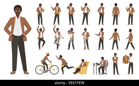 Black male teacher character pose set showing classroom gestures, standing, walking, speaking, working, cycling, and casual actions isolated on white background vector illustration Stock Vector