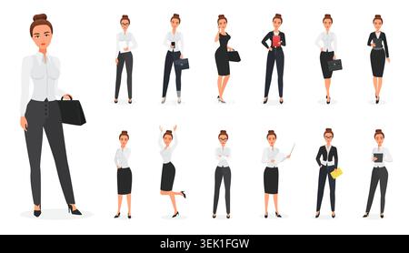Professional business woman character set with office poses, briefcase, tablet, folder, formal wear for corporate, manager, workplace concepts isolated on white vector illustration Stock Vector