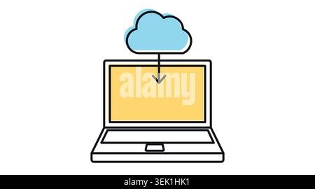 Laptop cloud download icon: portable notebook computer displaying cloud storage with arrow symbol, modern black line art with offset color fill vector Stock Vector