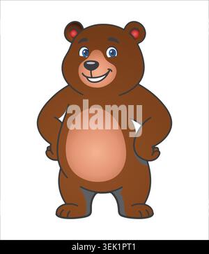 A friendly brown bear cartoon character standing with its hands on its hips and a happy smiling expression isolated on a clean white background. Stock Vector