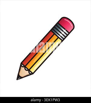 A classic yellow wooden pencil vector illustration with a pink eraser tip and sharp lead point angled diagonally isolated on a clean white backdrop. Stock Vector