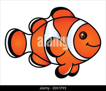 A friendly cartoon orange clownfish character with white stripes and a happy smile swimming side view isolated on a clean white background backdrop. Stock Vector