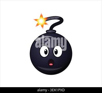 A surprised black bomb cartoon character with wide eyes and an open mouth featuring a lit burning fuse wick isolated on a clean white background. Stock Vector