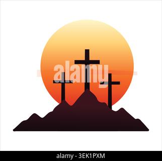 Three Christian crosses standing on a hill at sunset with a large glowing orange sun backdrop representing the crucifixion of Jesus on Calvary hill. Stock Vector