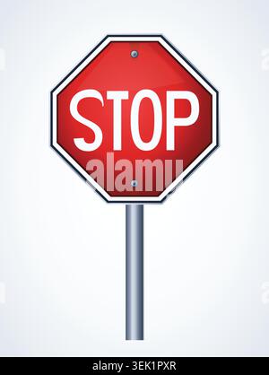 A realistic red octagonal stop sign vector graphic mounted on a metallic pole post with white text isolated on a clean white background backdrop. Stock Vector