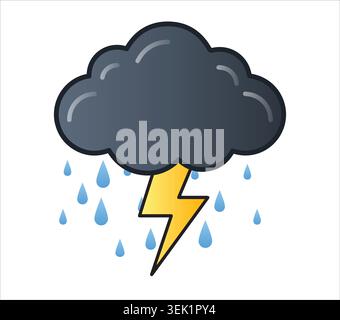 A dark grey storm cloud icon with falling blue raindrops and a bright yellow lightning bolt flash isolated on a clean white background backdrop. Stock Vector