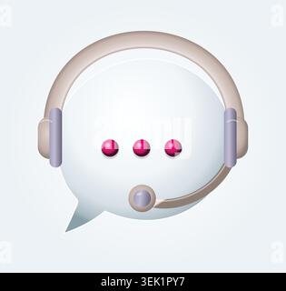 A white speech bubble icon wearing a customer support headset with three pink typing dots inside representing a live chat operator helpline service. Stock Vector