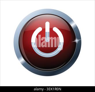 A glossy red power button icon with a chrome metallic border frame and a white standby symbol isolated on a clean white background backdrop. Stock Vector