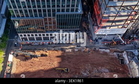 Elevated aerial view of excavation and early construction activity at the HELIX project in New Brunswick New Jersey Stock Photo