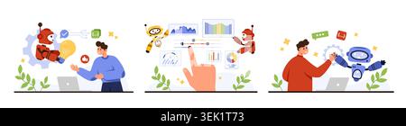 Businessman collaborating with friendly AI chatbots, using data dashboards, automation tools, and virtual assistants to improve workflow, analytics, and productivity, isolated vector illustration Stock Vector