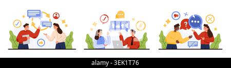 People practicing active listening, feedback, and conversation skills in diverse business communication scenes with speech bubbles, icons, and laptop isolated on white background vector illustration Stock Vector