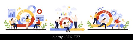 Business team working with agile methodology, sprint planning, scrum board, charts, gears, arrows, collaboration, productivity, project management isolated on white background vector illustration Stock Vector