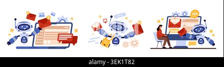 Cute AI robots manage email inbox, notifications, and marketing messages on laptops for automated communication, customer support, and newsletter campaigns isolated on white vector illustration Stock Vector