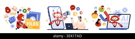 Cute AI marketing chatbot automates files communication and customer engagement on smartphone and laptop screens with diverse users and social media icons isolated on white vector illustration Stock Vector