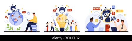 Set of people analyzing artificial intelligence risk, checking warnings, preventing dangerous AI decisions, monitoring algorithms, cybersecurity and data protection isolated vector illustration Stock Vector