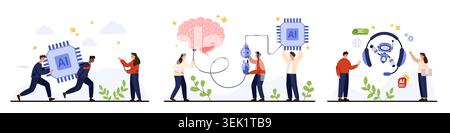 People interacting with AI chip, brain interface, and chatbot robot, representing artificial intelligence, automation, and innovation in modern digital technology isolated on white vector illustration Stock Vector