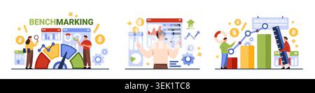 Business people analyzing benchmarking metrics, charts, dashboards and growth indicators for performance comparison, strategy optimization and financial success, isolated on white vector illustration Stock Vector