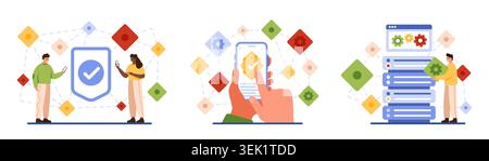 People interacting with decentralized applications on mobile and server interfaces, abstract blockchain network connections, colorful geometric icons, modern flat design isolated vector illustration Stock Vector