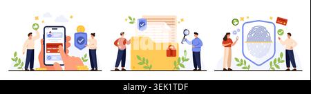 Concept set showing mobile authentication, secure file storage, fingerprint access, privacy protection, cybersecurity, user data safety, modern technology, flat design isolated vector illustration Stock Vector