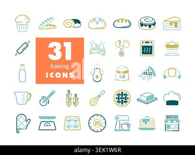 A comprehensive set of 31 flat icons for bakery items and baking tools. Perfect for menus, food blogs, and kitchen-related websites or apps. Stock Vector
