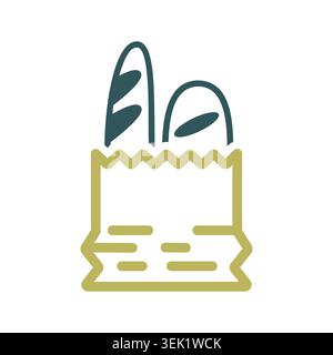 A simple icon of a paper bag with fresh bread loaves inside. Designed in a modern flat outline style. Ideal for bakery delivery, menus, and food-relat Stock Vector