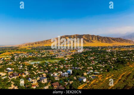 Aerial view of a residential area nestled within a dense forest and ...