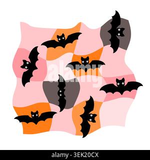 Fun Groovy Vector Design with Bats in Orange, Pink and Gray Colors, Warped Wavy Check Poster for Halloween Stock Vector